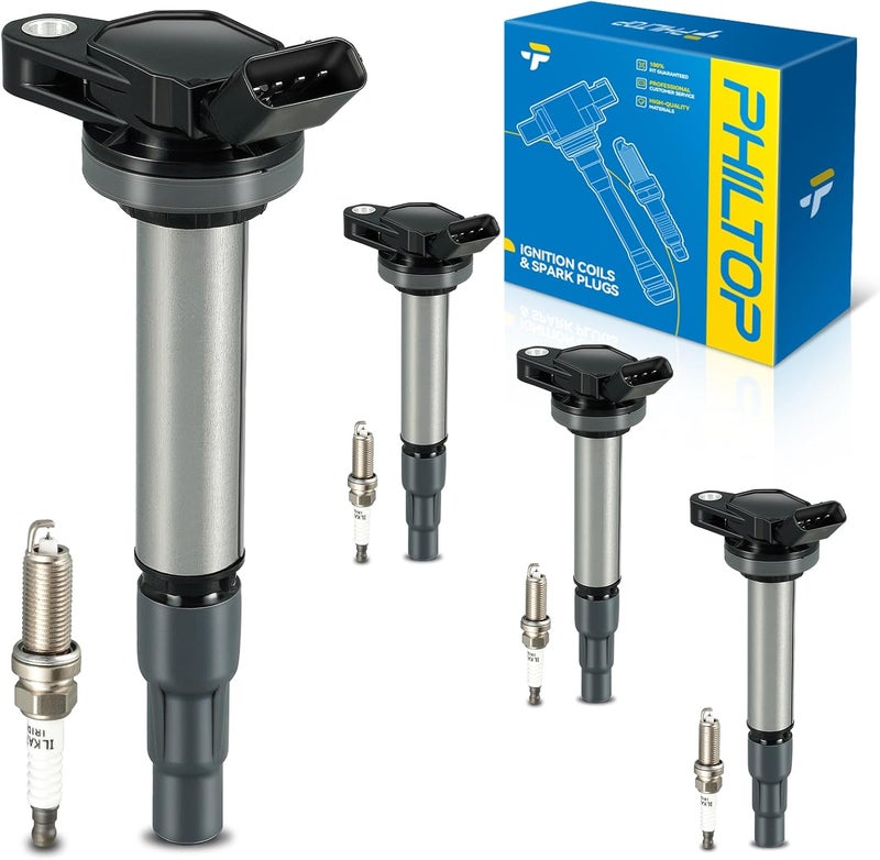 PHILTOP Ignition Coil Pack and Iridium Spark Plugs Fits for Toyota 2011-2013 2016-2017 Corolla, 2009-2010 2014-2015 Corolla 1.8L, 2010-2015 Prius, 2018-2022 C-HR, 2012-2017 Prius V, 4PCS UF596 - Image 1